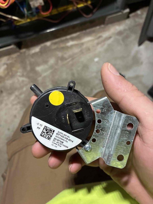 Responded to service call after gas company replaced regulator. Found pressure switch malfunctioning, causing customer to resort to "hammer method" for system operation. Removed and replaced faulty pressure switch, tested system operation through multiple heating cycles, and verified proper functionality restored.