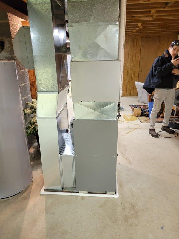 Completed installation of a Lennox SLP99 70K BTU high-efficiency furnace and S40 smart thermostat to replace failed equipment. System was properly mounted, connected to existing ductwork, and tested for proper operation. Thermostat was programmed and verified to be maintaining proper temperature control at 62°F per customer preference.