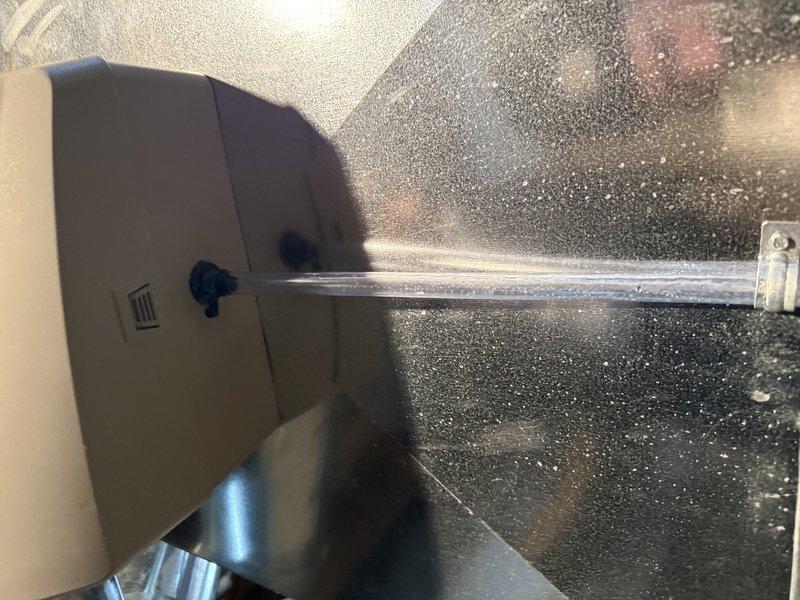 Responded to a callback for a leaking April Aire humidifier that was recently installed. Upon inspection, determined the water supply line was not fully inserted. Corrected the issue by properly securing the water line connection to eliminate the leak.