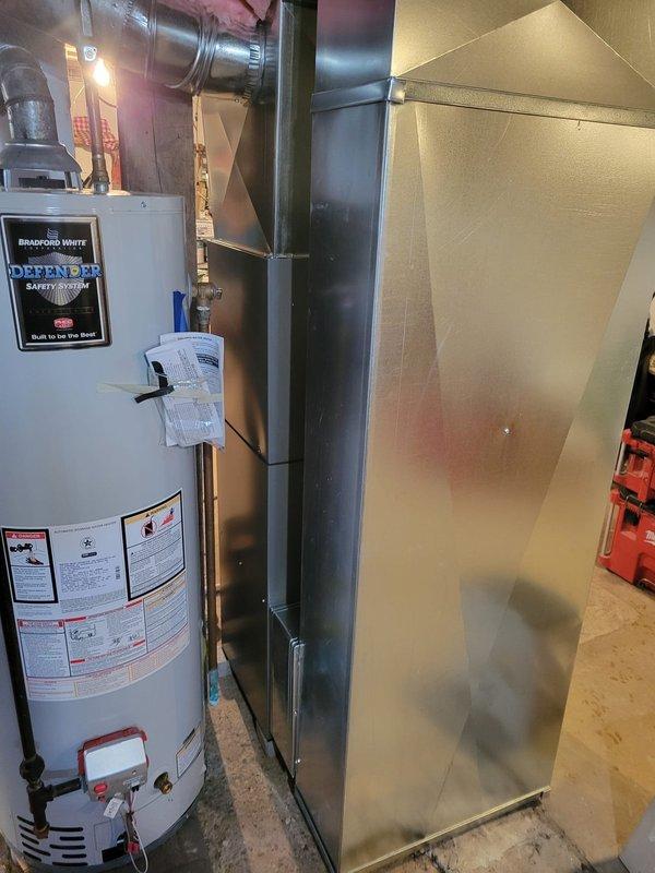 Successfully completed full system installation including ML196E 70K Furnace, ML13KC1 2-Ton AC unit, and 24B-71 Cased Coil. Replaced 3" PVC exhaust/intake piping with 2" solid core to meet Lennox specifications, installed media filter cabinet, replaced old brass gas valve, and added a 10x6 register to the plenum. Electrical components were identified for follow-up service, including oversized 20-amp furnace circuit and unmarked AC circuit in Cutler Hammer panel.