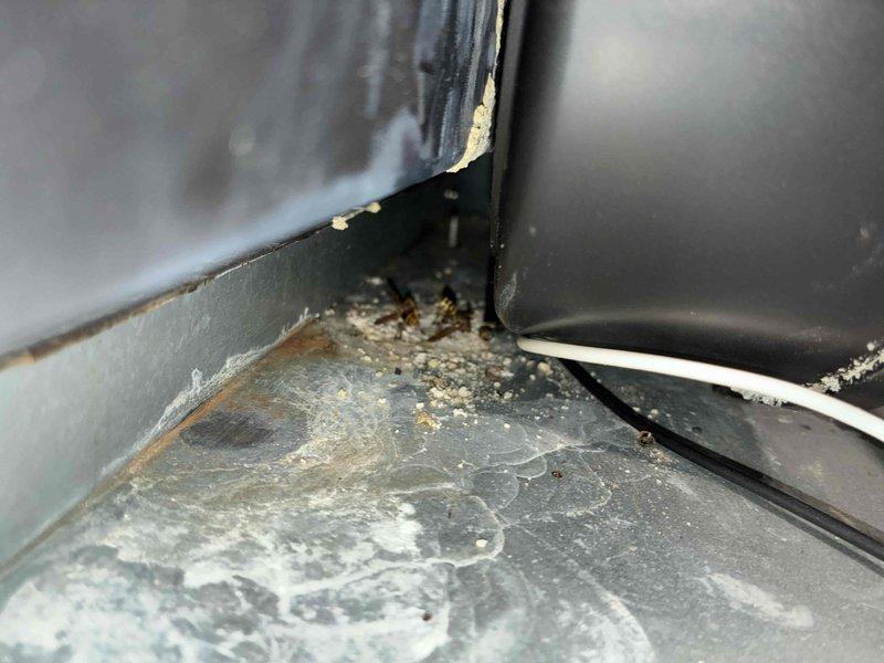 Replaced defective blower assembly and humidistat on customer's humidifier under parts warranty. Documented significant corrosion at metal seams and inspected control board connections. Collected warranty-covered parts for return to office.