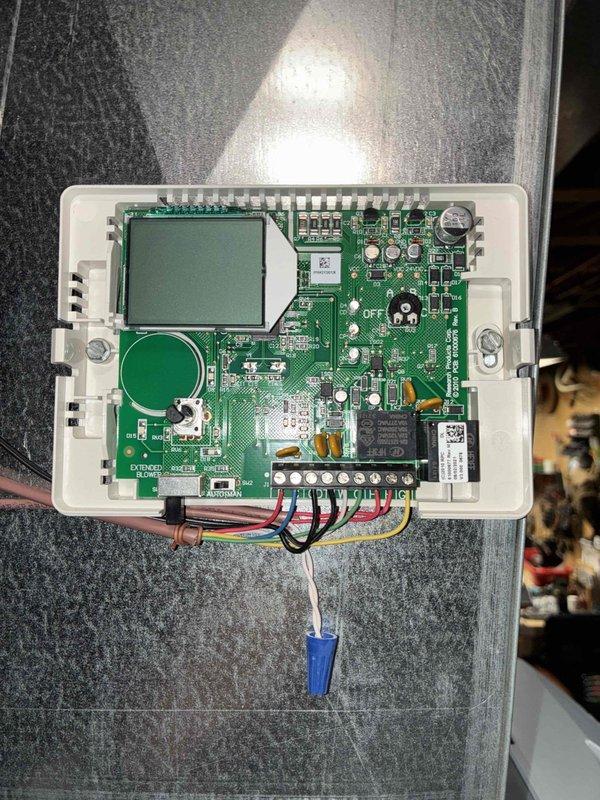 Replaced defective blower assembly and humidistat on customer's humidifier under parts warranty. Documented significant corrosion at metal seams and inspected control board connections. Collected warranty-covered parts for return to office.