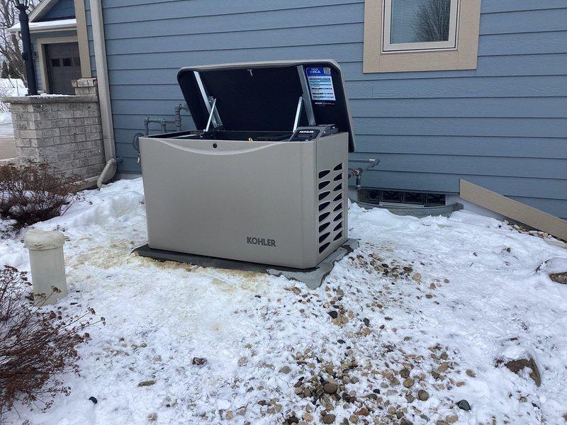 Performed warranty replacement of Kohler standby generator due to engine failure. Removed failed unit and installed new warranty replacement generator in same location adjacent to residence. Verified proper connections to existing gas line system and completed installation per manufacturer specifications.