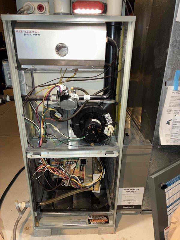 Responded to no heat call for aging furnace (10+ years). Upon inspection, accessed internal components and examined control board, wiring connections, and blower motor assembly. Diagnosed and corrected issue, restoring proper heating function. System now operating normally.