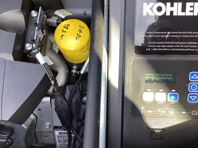 Completed annual preventative maintenance on Kohler generator including oil service (documented on dipstick), programmed next maintenance for February 2027, installed manufacturer-recommended cold weather kit, repiped gas supply to meet Kohler specifications, and incorporated Kohler flexible fuel line to ensure proper operation.