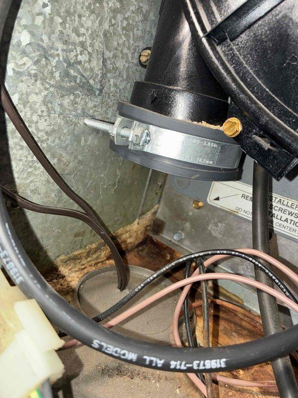 Responded to no heat call after gas meter replacement where one furnace failed to operate. Upon inspection, found corroded electrical connections in junction box and damaged flexible gas line at the furnace connection point. Cleaned electrical terminals, replaced damaged wiring, and properly secured gas line with new clamp to restore proper operation and ensure safe functioning of the system.