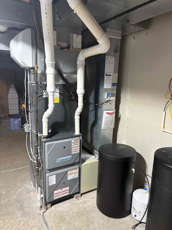 Performed annual furnace maintenance under CCC Quality Plan. System in good working condition after tuneup. Identified aging humidifier requiring replacement and provided customer with replacement quote.