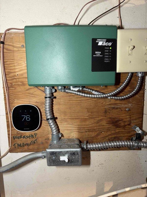 Successfully installed an Ecobee smart thermostat with two remote sensors, replacing the existing unit. System was properly wired to the Taco SR504 switching relay and tested to confirm proper communication between components. All zones now functioning correctly with the new digital controls.