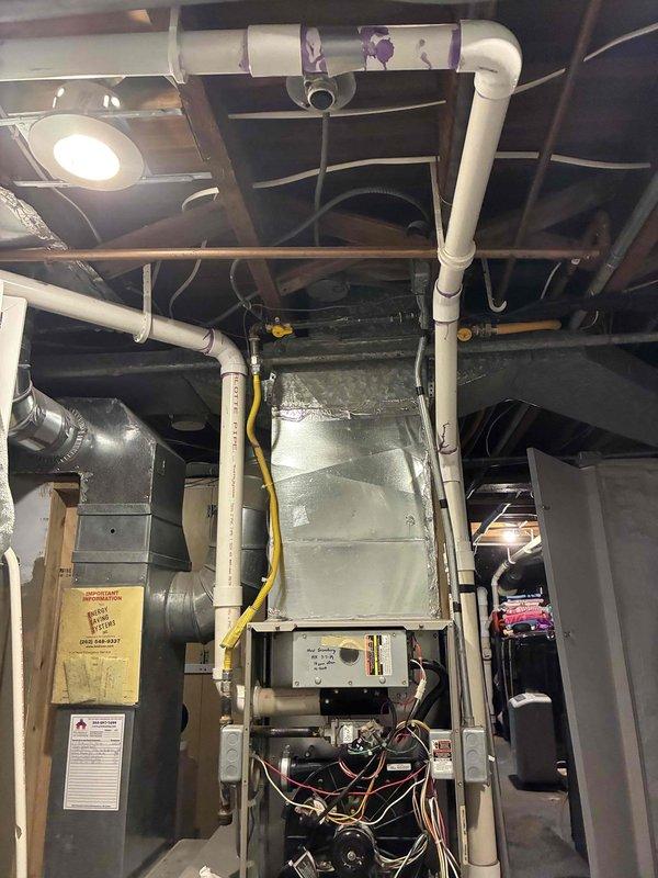 Responded to no heat call and diagnosed flame sensor issue causing 1-3 blink code on furnace control board. Cleaned flame sensor, inspected heat exchanger (previously tagged "HX Secondary" and "HX 3-7-19"), and performed scheduled tune-up service with combustion analysis showing acceptable CO readings.