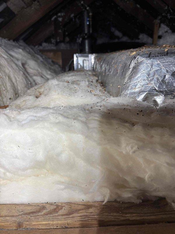 Performed inspection of attic furnace and identified insufficient combustion air supply. Documented inadequate fresh air intake with photos showing compressed insulation around ductwork and the attic access point. Recommended installation of fresh air baffles by a qualified roofing contractor to resolve the ventilation deficiency.