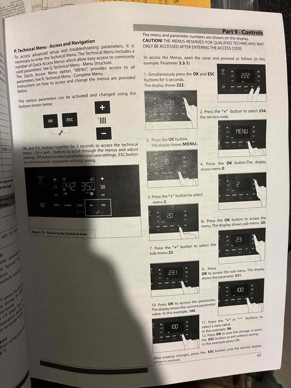 Responded to no heat complaint in master bedroom. Accessed and recalibrated the electronic control panel displaying incorrect temperature reading (134°). Utilized technical menu navigation to adjust system parameters according to manufacturer specifications, restoring proper heating function to the affected zone.