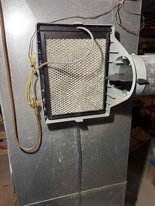 Performed furnace maintenance including thorough cleaning of April Air humidifier tubes that were heavily contaminated with mold growth. Replaced damaged humidifier panel with new #35 panel and completed full humidifier system cleaning to restore proper operation and air quality.