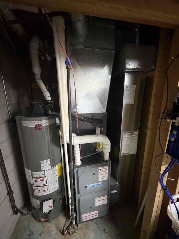 Completed annual furnace maintenance and tune-up on Daikin HVAC system under CCC Quality Plan agreement. Performed comprehensive inspection of indoor furnace unit and outdoor condenser, verified all components operating within normal parameters, and installed new 16x25x4 air filter. System found in good working condition with no deficiencies noted.