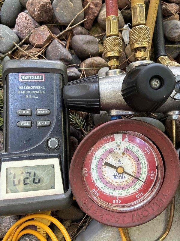 Completed routine air conditioning maintenance on outdoor condensing unit. Performed comprehensive system diagnostics including temperature and refrigerant pressure measurements, verifying all operating parameters within manufacturer specifications. Advised customer of leaking PVC condensate drain line requiring future attention, though all AC components currently functioning properly with no immediate service needs identified.