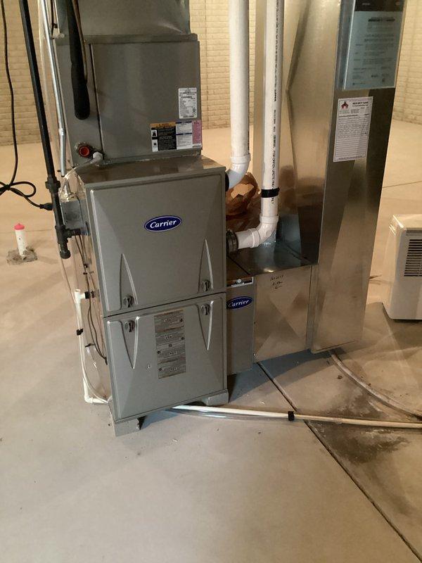 Completed annual prepaid maintenance on Carrier HVAC system including comprehensive clean and check of air conditioning unit. Replaced 16x25x4 air filter, inspected indoor furnace and air handler along with outdoor condensing units, and verified all components operating within normal parameters with no issues found.