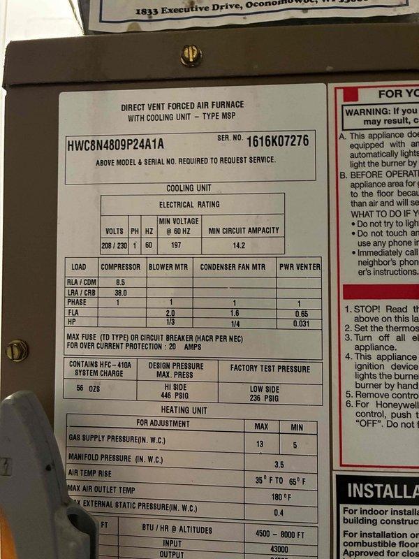 Completed annual maintenance on Armstrong MagicPak Direct Vent Forced Air Furnace with Cooling Unit, model HWC8N4809P24A1A. Inspected and recorded system measurements including electrical specifications, refrigerant pressures, and operational parameters, confirming all components operating within manufacturer specifications. Customer enrolled in preventative maintenance agreement for continued system coverage.