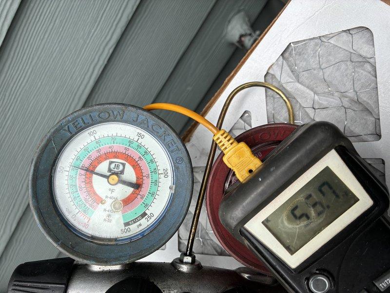 Completed prepaid preventative maintenance on two air conditioning systems. Performed comprehensive tune-ups on both upstairs and main level units. Upstairs system operating within normal parameters with all readings satisfactory. Main level system functioning adequately but measured refrigerant levels indicate R22 charge is at lower acceptable threshold. Documented pressure and temperature readings using manifold gauges and digital thermometer. Recommend continuing regular maintenance schedule to monitor R22 levels and system performance on main level unit.
