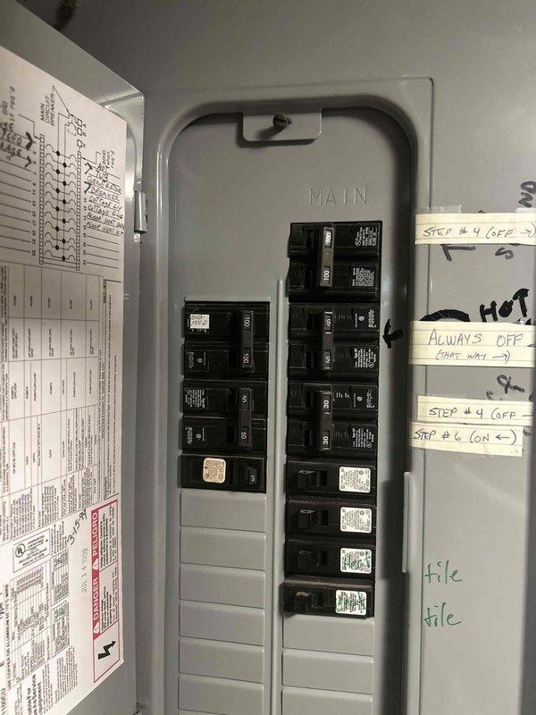 Responded to no power call at residential property. Upon arrival, instructed owner to reset main breaker and all individual circuit breakers in the electrical panel. Inspected main distribution panel and verified all breakers were properly reset to the ON position. Documented panel condition with photographs showing breaker configuration and posted operational notes. Power was successfully restored to the property following breaker reset procedure.