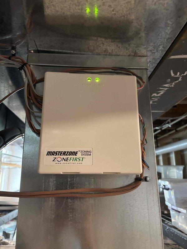 Responded to callback regarding damper issue on second level zone not opening properly. Inspected ZoneFirst MasterZone zoning system control panel and verified proper operation with green LED indicators illuminated. Checked damper wiring connections and communication cables to ensure secure connections throughout the system. Performed routine maintenance inspection on AC unit and verified all zones functioning correctly. System operating as designed with no issues found upon completion of service call.