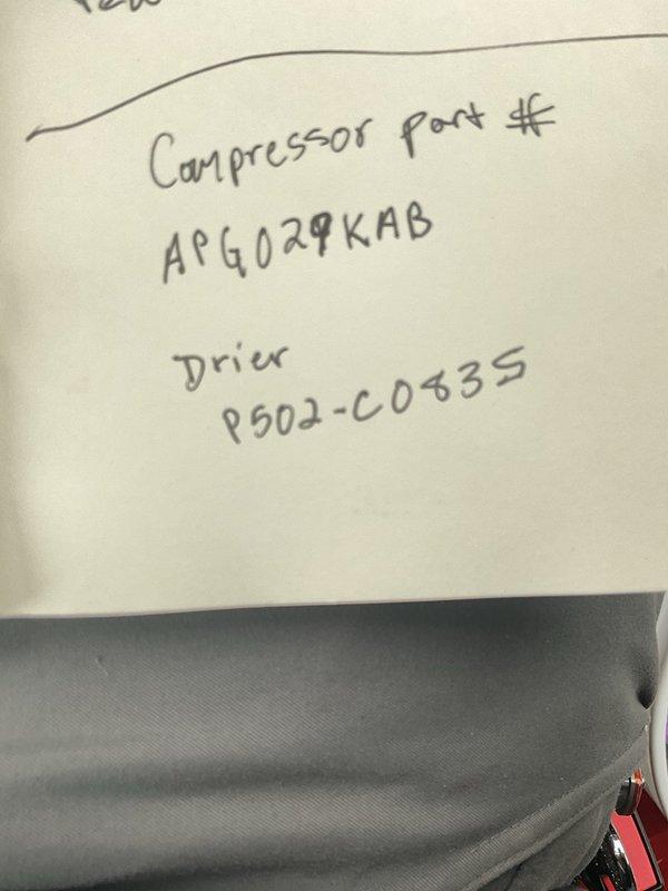 Responded to no cooling complaint with outdoor unit not operational. Diagnosed grounded compressor requiring replacement. Documented compressor part number APG029KAB and filter drier P502-C0835 for ordering and scheduled return visit for installation.