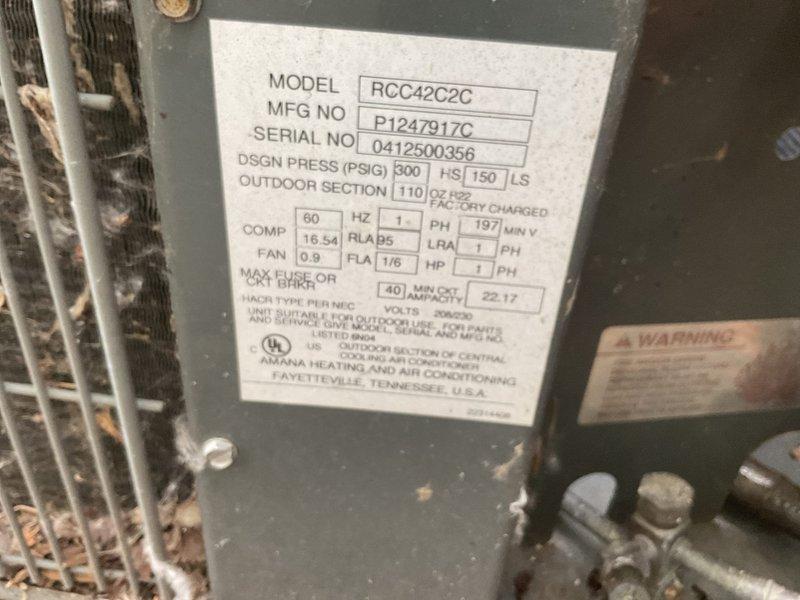 # HVAC Service Report

Responded to service call for inadequate cooling performance and extended cool-down times on Rheem model RCC42C2C air conditioning system (S/N 0412500356). Upon inspection, confirmed system was not producing adequate cooling. Diagnostic testing revealed low refrigerant charge with visible ice formation on refrigerant lines and evaporator components. Unit specifications indicate 110V/60Hz/1-phase outdoor section with factory charge. Exterior condensing unit showed signs of age with accumulated dirt and debris on coil fins and housing. Documented system condition with photographs of unit nameplate and exterior installation. Due to severity of refrigerant loss and freezing condition, recommended system evaluation for potential replacement. Forwarded customer information to sales team for complimentary replacement quote.