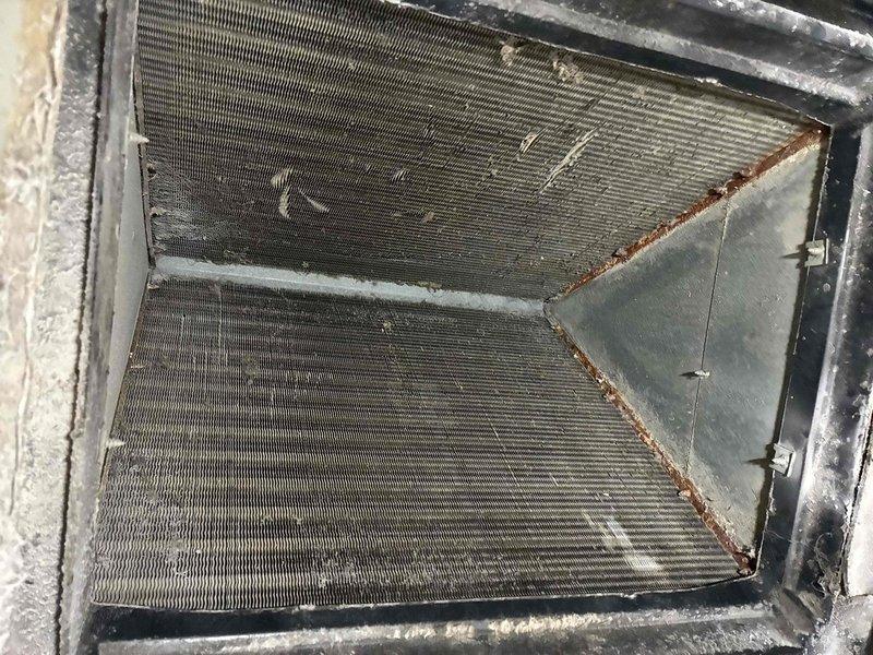 Completed air conditioning tune-up on outdoor condensing unit and discovered severely restricted airflow due to heavily soiled evaporator coil and three-year-old air filter. Performed deep cleaning of coil assembly to restore proper heat transfer efficiency and signed customer up for preventative maintenance agreement. Replaced filter and documented equipment condition with photos for service records.