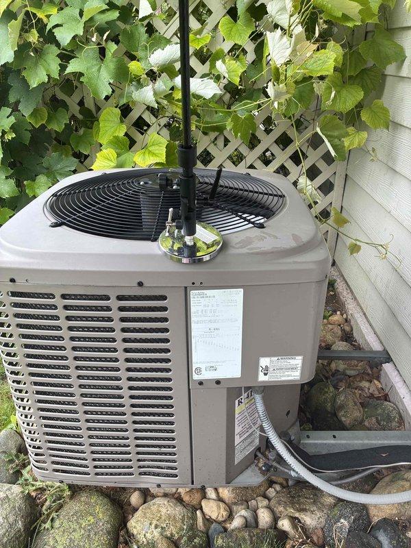 Completed annual preventative maintenance service on residential air conditioning system under quality plan agreement. Repaired damaged wiring at outdoor condenser unit as noted from previous service visit, replaced dual-run capacitor (80+5 MFD, 370/440V AC), and installed new 16x25x1 air filter. System tested and operating within normal parameters upon completion.