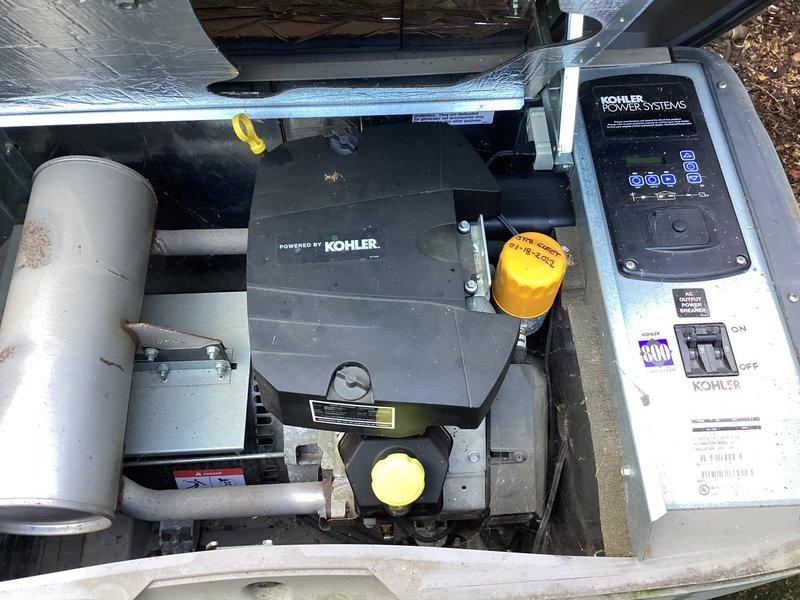 Performed comprehensive inspection and preventive maintenance on older Kohler residential standby generator that failed to start during last utility outage. Identified multiple issues requiring correction during diagnostic evaluation. Documented current system condition with photographs showing generator installation, control panel with digital display, and associated components including visible rust on exhaust muffler and maintenance access points. Parts have been ordered to address identified deficiencies, and follow-up service appointment will be scheduled to complete necessary repairs and restore unit to full operational status.