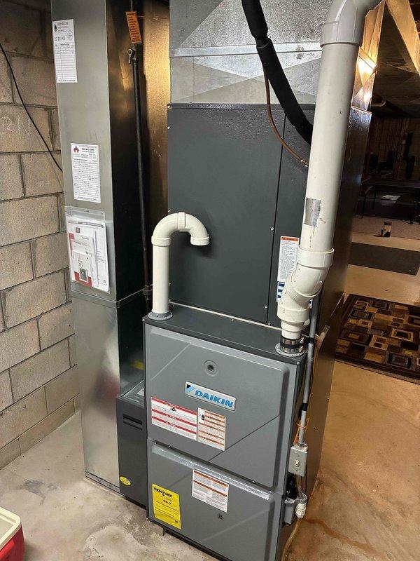 Responded to no heat call on Daikin furnace system. Successfully diagnosed and resolved heating issue, restoring system to full operational status. Completed comprehensive furnace tune-up including inspection of all components, burner assembly cleaning, filter replacement, safety controls verification, and system performance testing per prepaid maintenance agreement.
