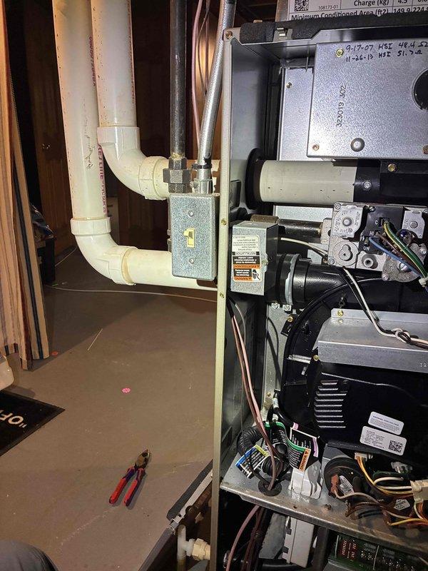 Responded to no heat call for upstairs furnace at rental property. Upon arrival, performed diagnostic inspection of aging furnace unit with access panel removed to examine internal components including blower motor, control boards, and electrical connections. Identified and resolved issue preventing furnace operation, restoring heat to upstairs zone. All system components tested and verified operational before departure.
