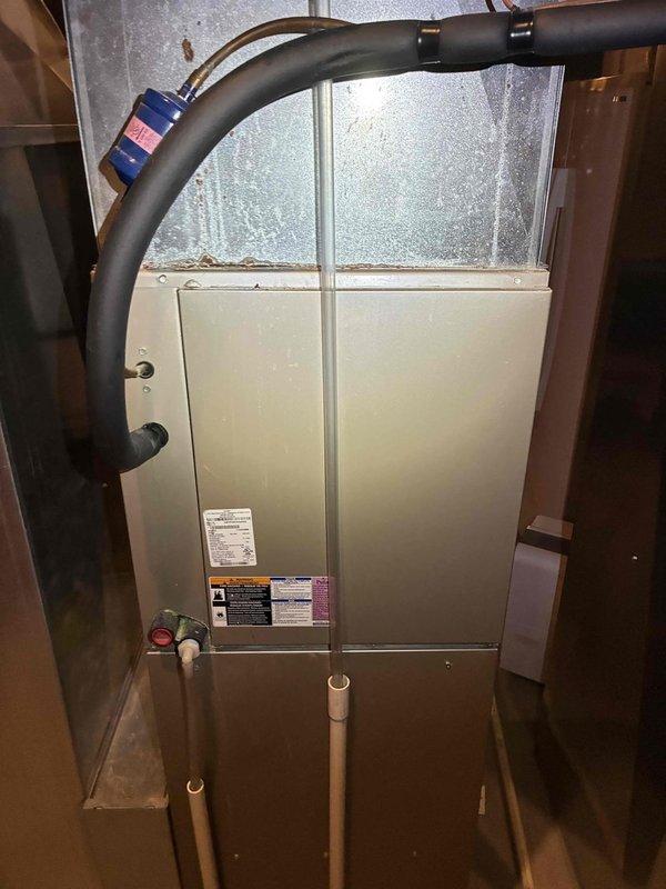Responded to a call for whistling in the ductwork, a recurring complaint, and inspected the gas furnace, air handler, plenum, and supply/return duct connections for airflow restrictions. Visual inspection showed the furnace, flex duct transitions, and condensate drain lines in place, with dust on the plenum but no frost, ice, or rust on the air handler. System was left in operation and the customer was advised to monitor for noise recurrence.