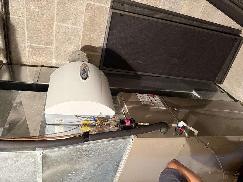 Performed scheduled preventive maintenance tune-ups on two furnaces and two air conditioning systems under the maintenance agreement, including inspection of the air handler, condensate drain, and refrigerant line insulation. Verified system pressures with digital manifold gauges, confirmed the Aprilaire humidifier, filter cabinet, and ductwork connections were clean and free of rust or visible damage, and found all four units operating within normal parameters.