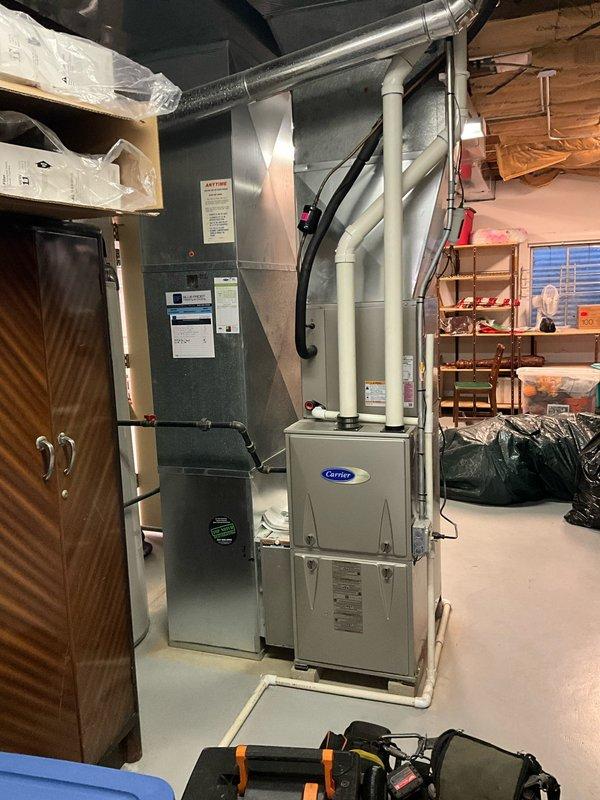Completed replacement of faulty gas valve, ignitor, and flame sensor on Carrier furnace system. Performed necessary PVC intake repairs to ensure proper ventilation. All replacement parts were pre-staged at headquarters for efficient service completion.