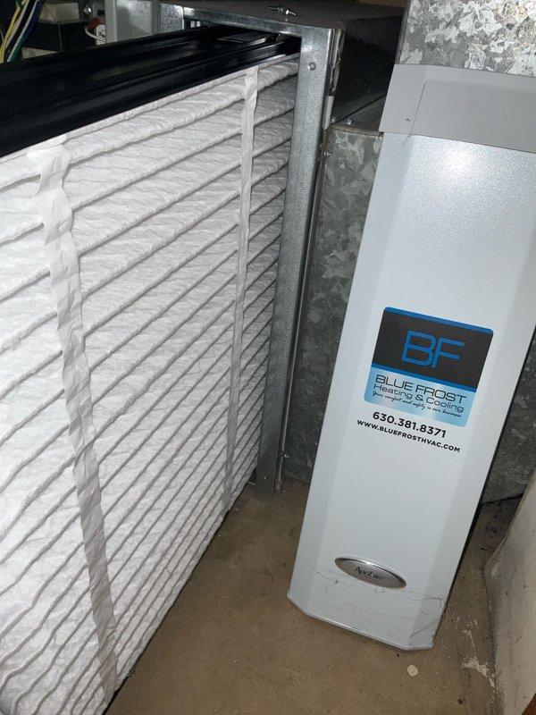 Performed non-member maintenance furnace tune-up on a 4+ year old Blue Frost system, which included replacing both the primary air filter (#213) and humidifier pad (#35). Inspected all components of the furnace system including ventilation, drainage, and digital control panel; confirmed proper installation of ductwork and verified system operation.