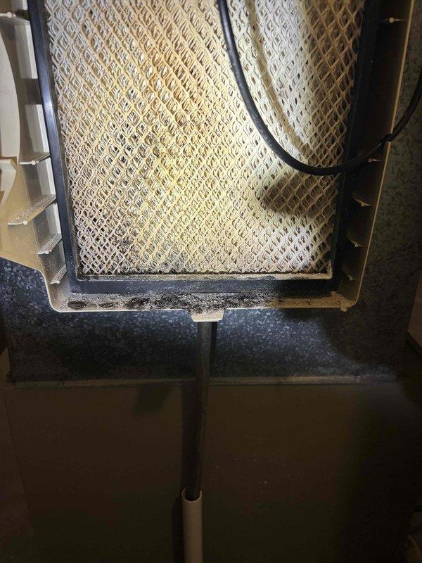 Performed diagnostic inspection on furnace system after client reported inadequate heat distribution and efficiency concerns. Discovered severely clogged air filter with significant dust and debris accumulation in diamond-pattern mesh, causing restricted airflow through vents. Replaced filter to restore proper system airflow and improve heating efficiency.