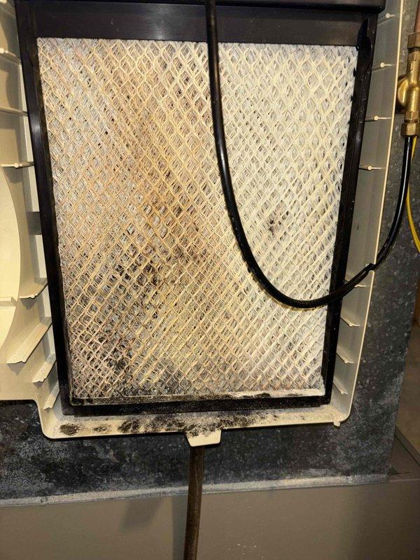 Performed diagnostic inspection on furnace system after client reported inadequate heat distribution and efficiency concerns. Discovered severely clogged air filter with significant dust and debris accumulation in diamond-pattern mesh, causing restricted airflow through vents. Replaced filter to restore proper system airflow and improve heating efficiency.