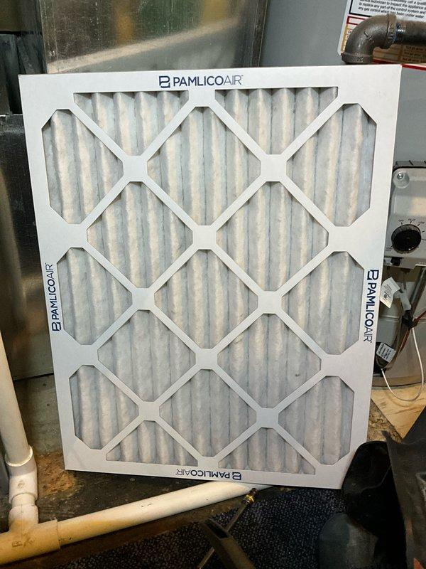 Performed scheduled BFMA Tune Up on 12-year-old furnace and humidifier system. Inspected equipment and found air filter (PAMLICO AIR) with significant dust accumulation requiring replacement. Completed full system inspection including ductwork connections, checked water heater functionality, and verified proper operation of all components after service.