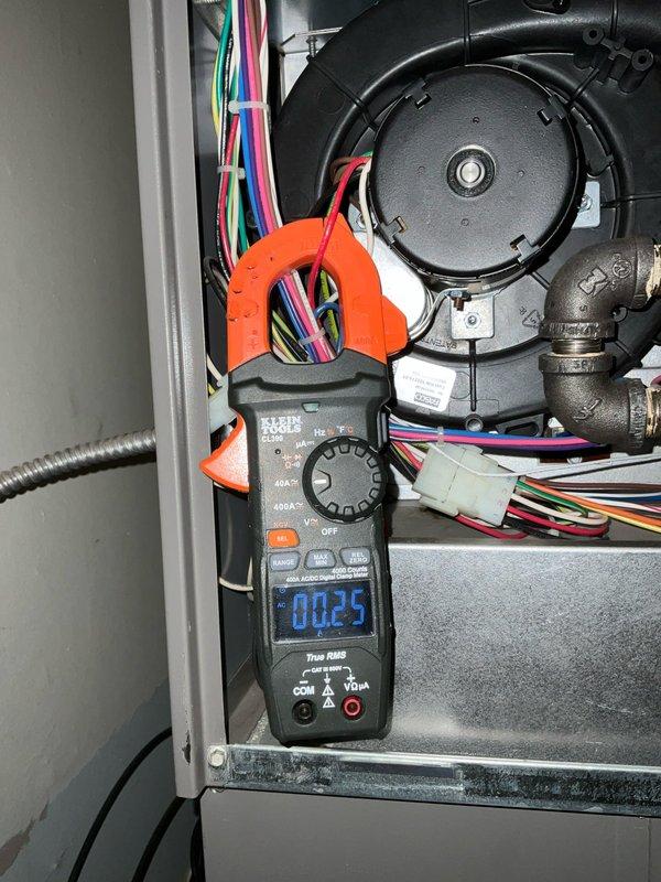 Diagnosed intermittent operation and cold air issues on Lennox furnace system. Performed electrical testing with clamp meter, measuring 0.25A current draw and inspecting wire connections at the blower motor. Resolved problem by repairing loose electrical connections and performing system reset, restoring proper heating function with consistent automatic operation.