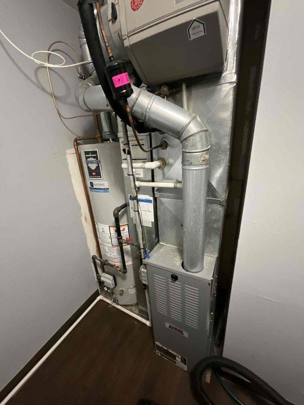 Performed scheduled BFMA tune-up on 11+ year-old furnace and humidifier system. Inspected equipment components including ductwork, copper lines, and PVC venting. Replaced air filter with new pleated media filter to ensure optimal airflow and system efficiency.