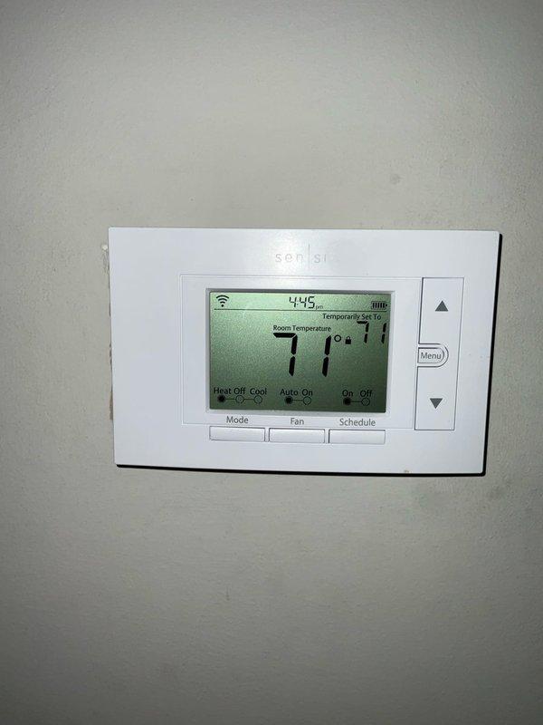 Replaced dual pressure switch on HVAC unit that was previously staged at headquarters. Verified proper system operation and confirmed thermostat functionality, with system maintaining 71°F setpoint in cooling mode.