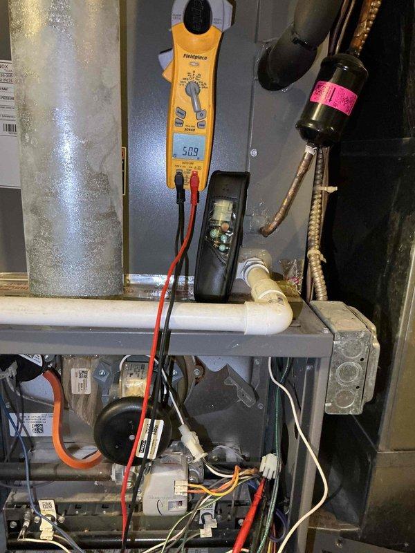 Performed BFMA Tune Up on 8-year-old furnace, identifying significant corrosion on copper/iron components and conducting electrical diagnostics with amperage reading of 509 on the system. Inspected condensate drainage, venting system, and control wiring during the maintenance service.