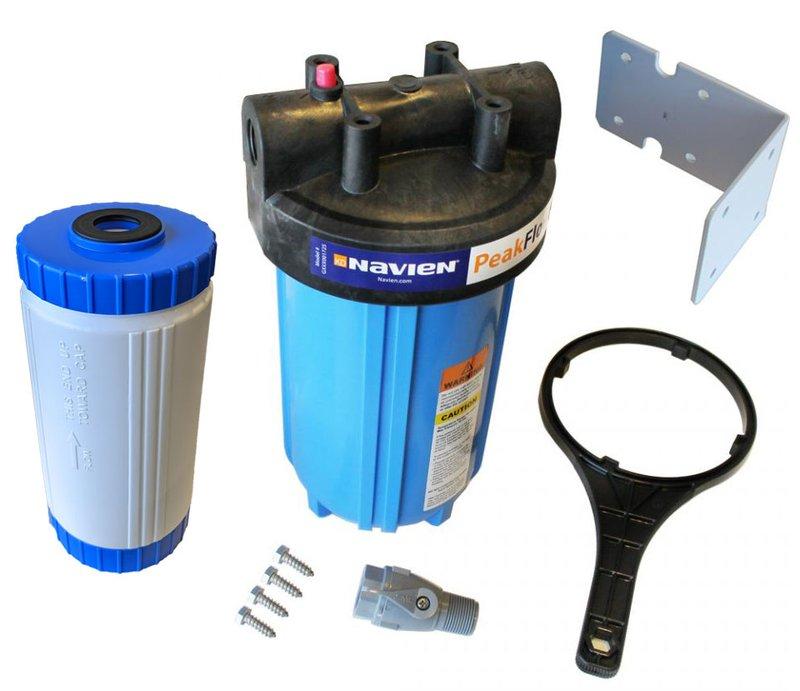 Successfully installed Navien PeakFlow inline filter system for customer's Navien system. Components were staged at headquarters prior to installation. Filter housing, replacement cartridge, mounting hardware and specialized filter wrench were all properly installed according to manufacturer specifications.