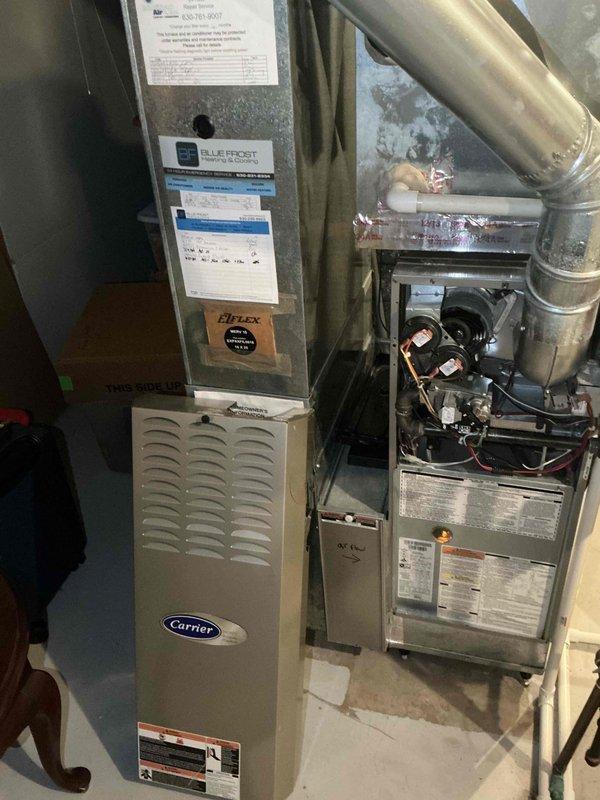 Conducted furnace replacement consultation for a 20-year-old existing Carrier heating system. Assessed current equipment configuration, documented existing ductwork connections and air handler setup, and reviewed available upgrade options with customer including applicable manufacturer promotions and association member discounts.
