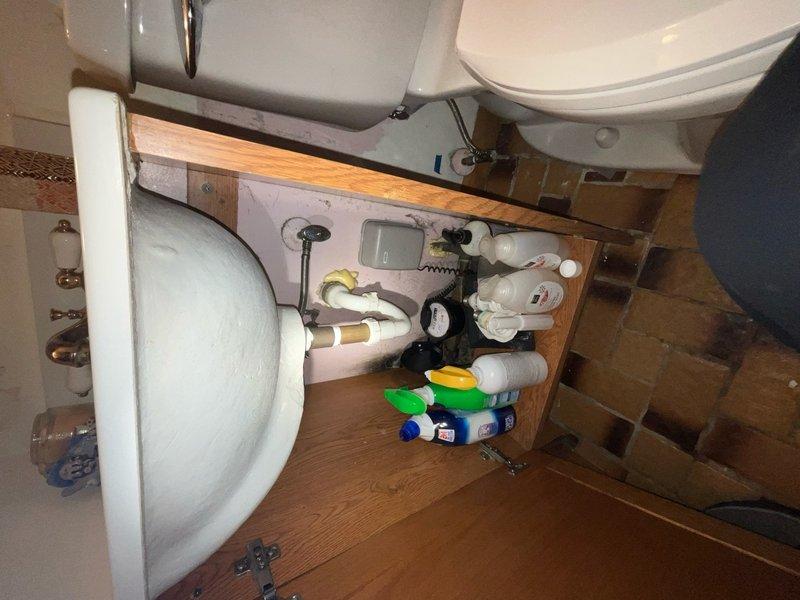 Completed comprehensive plumbing inspection as part of preventative maintenance tune-up service. Inspected bathroom plumbing fixtures including bathtub with safety grab bars, pedestal sink with exposed supply lines and shut-off valves, and toilet assembly. Verified proper operation of all chrome faucet assemblies, water supply connections, and drainage systems. Documented condition of plumbing infrastructure beneath sink area, confirming accessibility to shut-off valves and supply lines for future service needs.