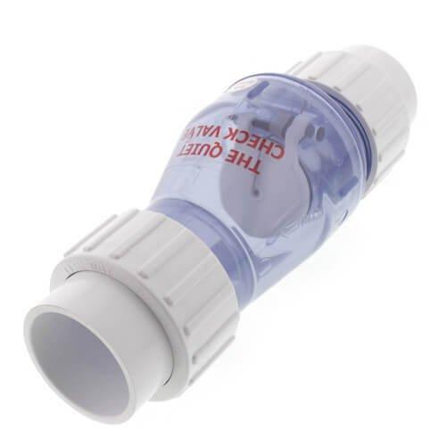 Installed "The Quiet Check Valve" in the plumbing system to prevent backflow and water hammer issues. The transparent chamber check valve features white threaded PVC connections and an internal flapper mechanism designed to allow one-way water flow while reducing noise in the water lines.