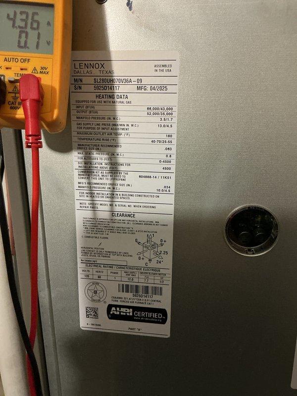 Completed comprehensive tune-up on Lennox SL280UH070V36A-09 furnace (manufactured 04/2025) with input ratings of 65,000 BTU. Performed diagnostic testing using digital multimeter to verify electrical specifications at 115V and measured system performance parameters. Inspected blower motor assembly, verified proper manifold pressure, confirmed temperature rise within manufacturer specifications of 40-70°F, and documented all system components operating within normal parameters.