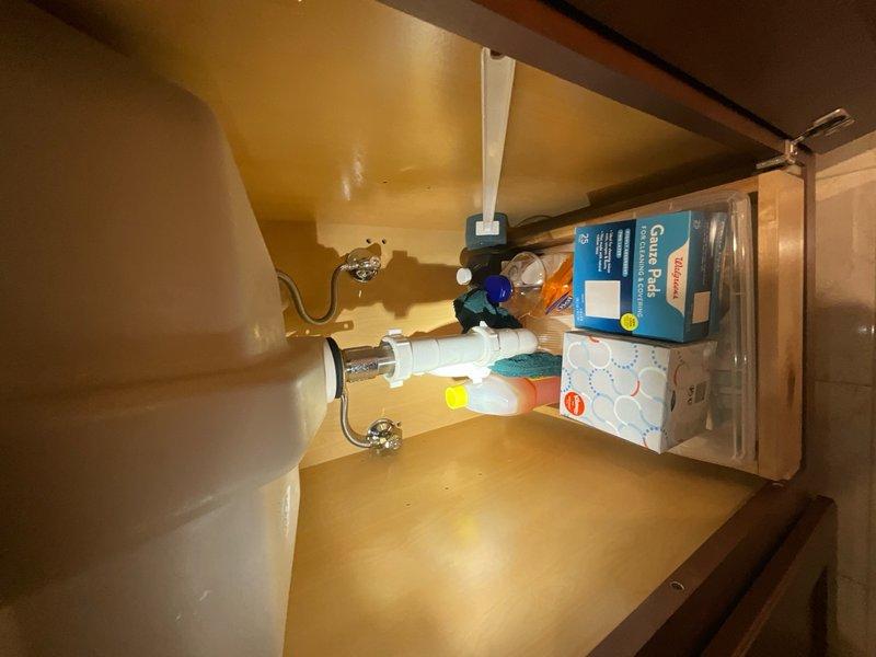 Completed comprehensive plumbing inspection of residential bathroom facilities including evaluation of vanity sink plumbing connections, supply lines, shut-off valves, P-trap assembly, bathtub fixtures, shower enclosure, and all visible chrome hardware. All plumbing components were inspected for proper operation, leaks, and general condition, with photographic documentation captured for service records.