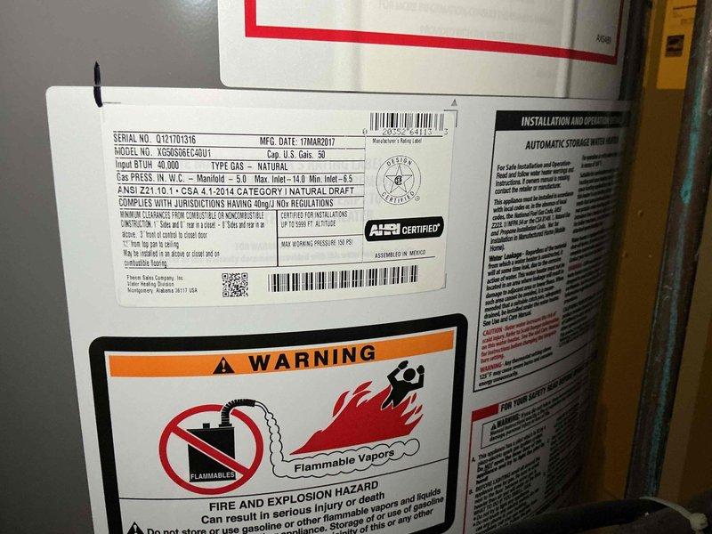 Completed comprehensive BFMA tune-up service on 3-year-old residential HVAC system during scheduled afternoon appointment. Performed standard preventive maintenance procedures including system inspection, filter check, and operational testing of air conditioning components. Documented equipment condition with photographic records of water heater installation showing proper venting configuration and manufacturer specifications for service history reference.