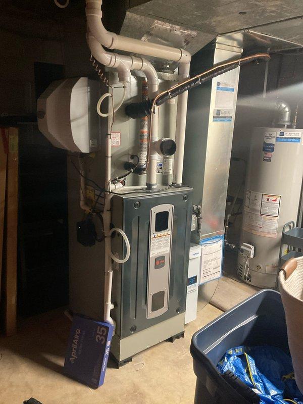 Completed comprehensive BFMA tune-up on 1-year-old furnace system including humidifier service. Performed full system inspection, replaced humidifier pad with truck stock, inspected and documented air filtration system condition, verified all control operations and safety mechanisms, and confirmed proper function of all HVAC components and associated plumbing connections.