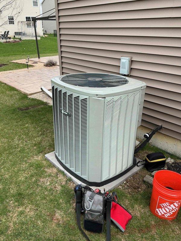 Completed comprehensive BFMA tune-up on 12-year-old residential air conditioning system. Performed full system inspection including indoor air handler with filter evaluation and outdoor condenser unit assessment. Connected manifold gauge set to condenser unit to verify refrigerant pressures and system performance parameters. Inspected pleated air filtration system in air handler, confirmed proper installation and airflow capacity. Evaluated outdoor condenser unit operation, checked electrical connections, and assessed overall system functionality. All components found operating within normal specifications, system running efficiently with no immediate service concerns identified.